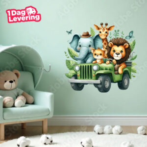 MuurstickerSafari Dieren in Jeep Thumbnail
