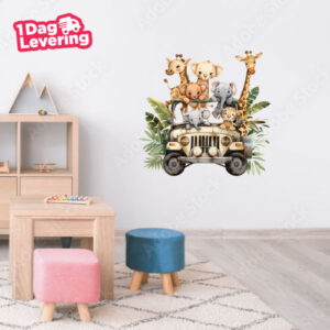 Muursticker Safari Dieren In jeep Voorkant Thumbnail